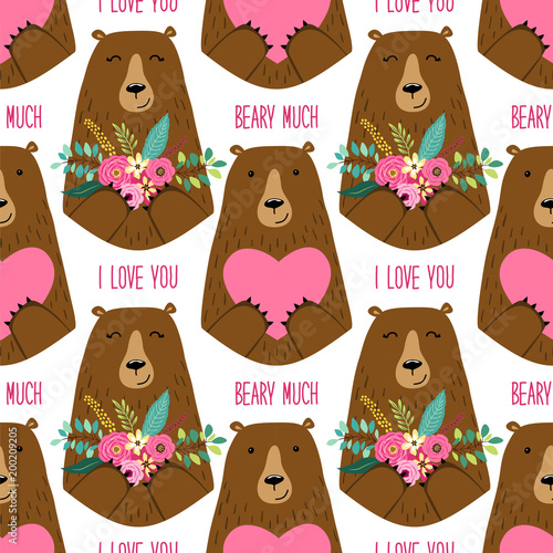 Cute childish seamless pattern with cartoon characters of mama bear and papa bear holding hearts and flowers