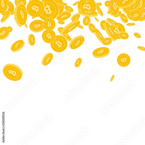 Bitcoin, internet currency coins falling. Scattered floating BTC coins on white background. Admirable scatter top gradient vector illustration. Jackpot or success concept.