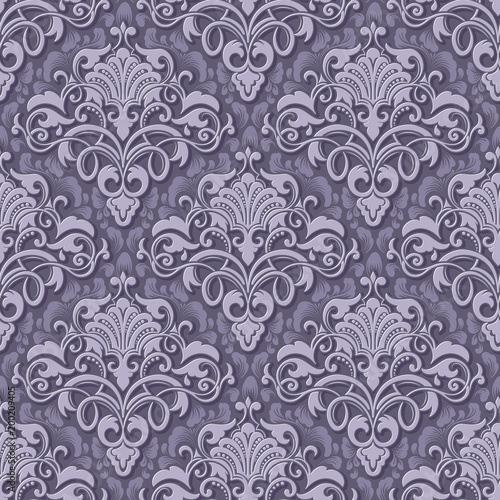 Vector volumetric damask seamless pattern background. Elegant luxury embossed texture for wallpapers, backgrounds and page fill. 3D elements with shadows and highlights.