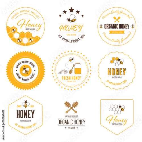 Honey bee label and sticker banner. Logo element natural product flat design.