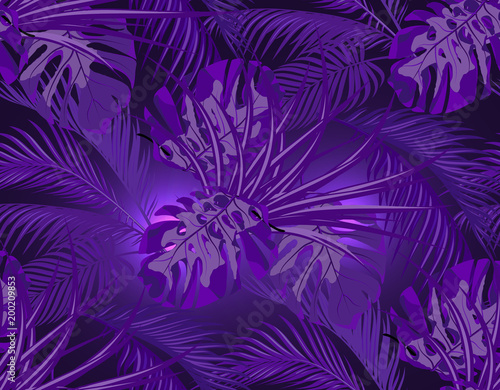 Jungle. Neon ultra violet. leaves of tropical palm trees  monsters  agaves. Seamless. illustration