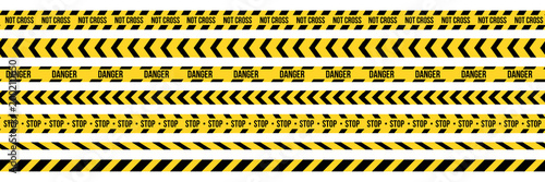 Creative vector illustration of black and yellow police stripe border. Set of danger caution seamless tapes. Art design line of crime places. Abstract concept graphic element. Construction sign. photo