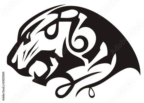 Fototapeta Naklejka Na Ścianę i Meble -  Growling tiger head linear icon. Angry laconic tiger head symbol with an open jaw. Black and white