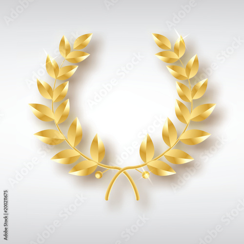 Award laurel. Symbol of victory and achievement. Design element for decoration of medal, award, coat of arms or anniversary logo. Gold laurel wreath. Realistic vector object isolated