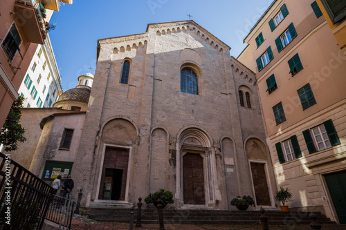 GENOA, ITALY, APRIL 5, 2018 - View of facade of Santa Maria di Castello church in old city centre of Genoa, Italy.