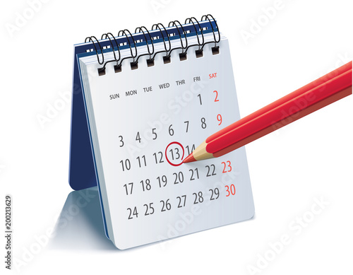 Red pencil on calendar page for remind and marked important events. Realistic vector 3d illustration