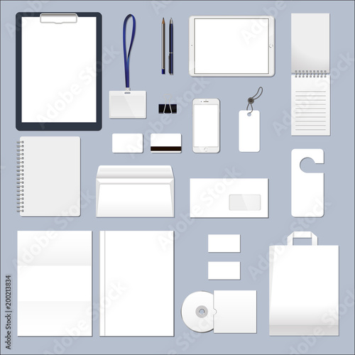Realistic Corporate Brand Identity Mockup set.  Business stationery mock-up with logo template. Set of envelope, card, folder, etc. Vector illustration.