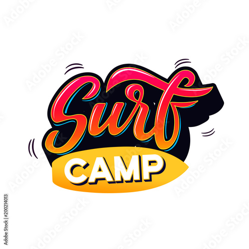 Surf camp text for logotype, wear, sports camp, trip, banner, surf station. Hand lettering in vintage graffitti style.