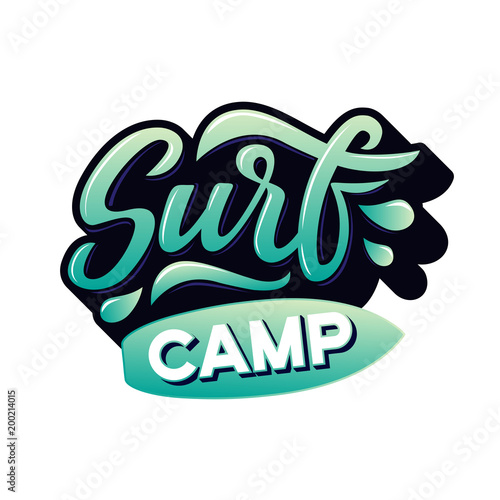 Surf camp text for logotype, wear, sports camp, trip, banner, surf station. Hand lettering in vintage graffitti style.