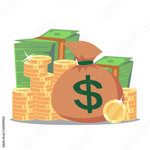 Big stacked pile of cash and some gold coins. Vector flat cartoon illustration eps10