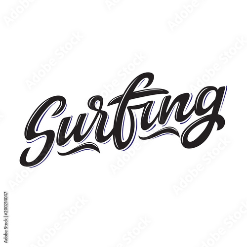 Surfingl text for logotype, wear, sports camp, trip, banner, surf station, water extreme sports competition. Hand lettering in vintage graffitti style. Vector illustration.