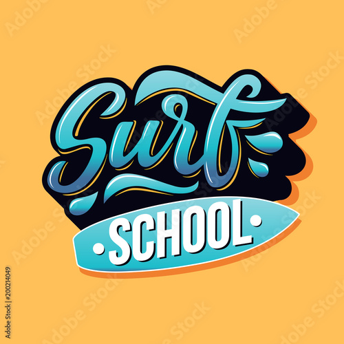 Surfing school text for logotype, wear, sports camp, trip, banner, surf station. Hand lettering in vintage graffitti style. Vector illustration.