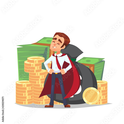 Cartoon businessman standing with stack of money. Character in the cloak of a superhero stands with pile of gold coins. Earnings growth concept. Vector illustration.