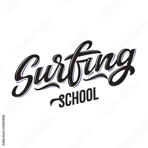 Surfing school text for logotype, wear, sports camp, trip, banner, surf station. Hand lettering in vintage graffitti style. Vector illustration.
