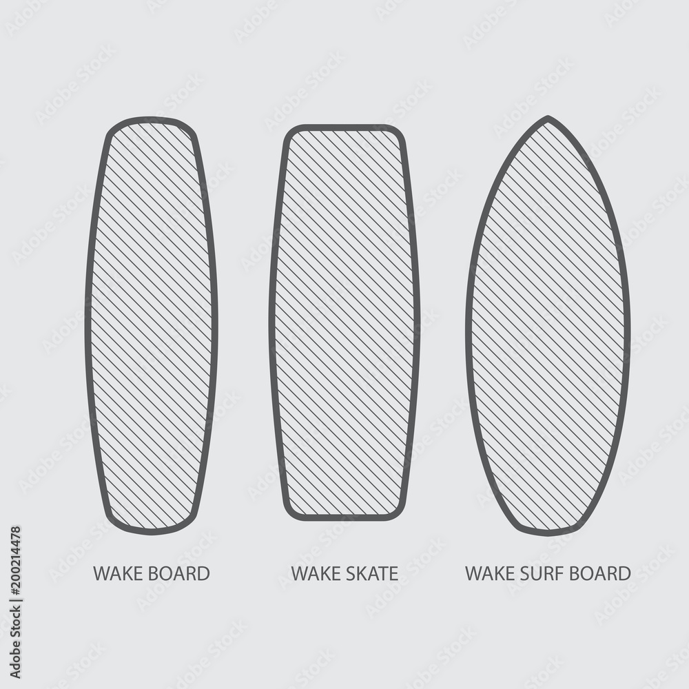 Wake board, wake skate, wake surf icon set. Water extreme sport vector equipment. Flat style design. Wake board, wake skate, wake surf icon set. Water extreme sport vector equipment. Flat style design.