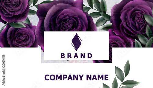 Business card with roses flowers Vector. Realistic floral decor backgrounds. ...