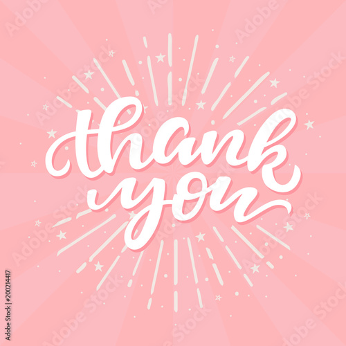 Vector illustration of hand drawn lettering. Thank you card. white text on pink background with sunshine element and rays.