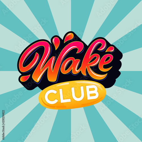 Wake club lettering logo in graffiti style on blue rays background. Vector illustration for design t-shirts, banners, labels, clothes, apparel, water extreme sports competition.
