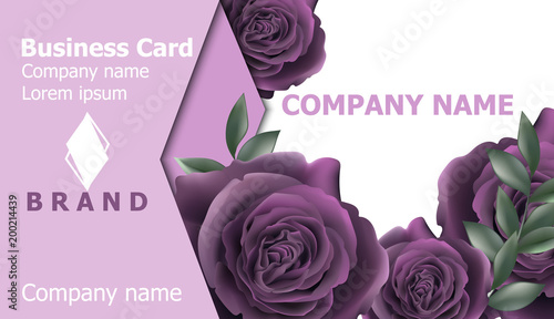 Business card with roses flowers Vector. Realistic floral decor backgrounds. ...