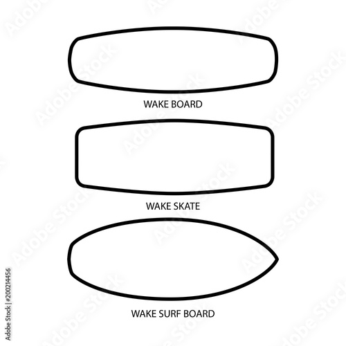 Wake board, wake skate, wake surf icon set. Water extreme sport vector equipment. Flat style design.