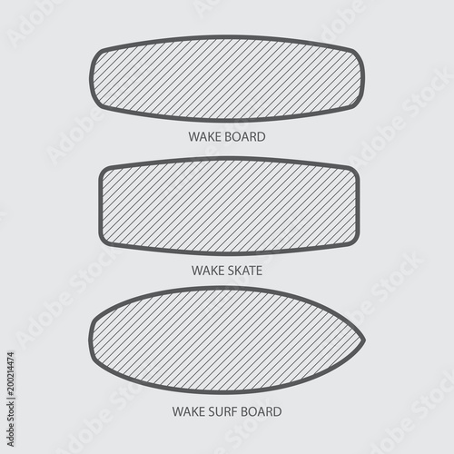 Wake board, wake skate, wake surf icon set. Water extreme sport vector equipment. Flat style design.