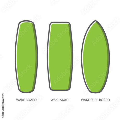 Wake board, wake skate, wake surf icon set. Water extreme sport vector equipment. Flat style design.