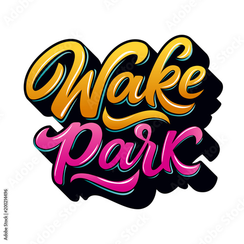 Wake park text  for logotype, badge and icon. Hand drawn logo for cable or boat wakeboarding park in graffitti style. Lettering typography.Vector illustration.