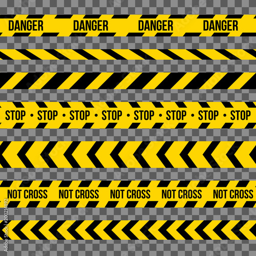 Creative vector illustration of black and yellow police stripe border. Set of danger caution seamless tapes. Art design line of crime places. Abstract concept graphic element. Construction sign.