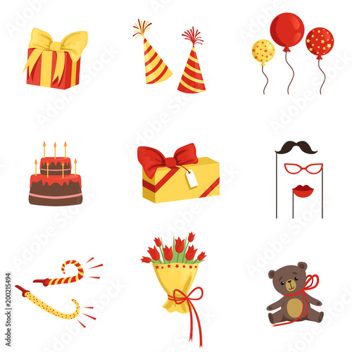 Flat vector set of birthday party elements. Gifts, cone hats, glossy balloons, cake with candles, horns, bouquet of tulips, plush bear, mustache, glasses and lips on sticks