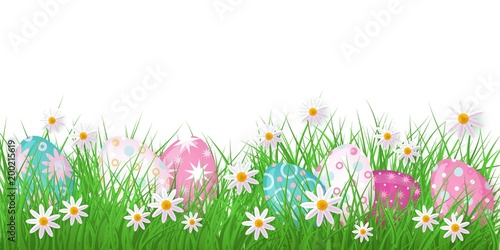 Easter holiday template on white background with spring festive elements - green meadow grass, decorated eggs, daisy chamomile flowers for poster advertising design. Vector illustration