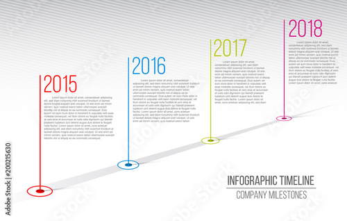 Creative vector illustration of company milestones timeline. Template with pointers. Curved road line art design with information placeholders. Abstract concept graphic element. History chart.
