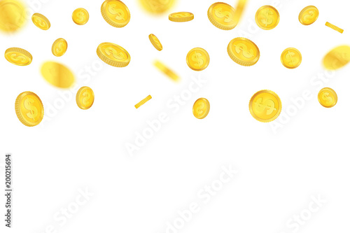 Creative vector illustration of 3d gold coins floating in different perspective. Isolated on transparent background. Dollar sign. Realistic money. Art design. Abstract concept graphic element.