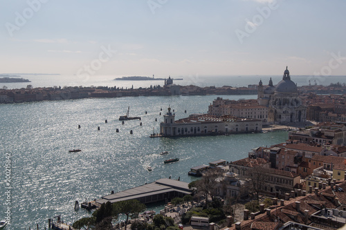Aerial view panorama of Venice open sea lagoon with old city, Lido island and Santa Maria della Salute 