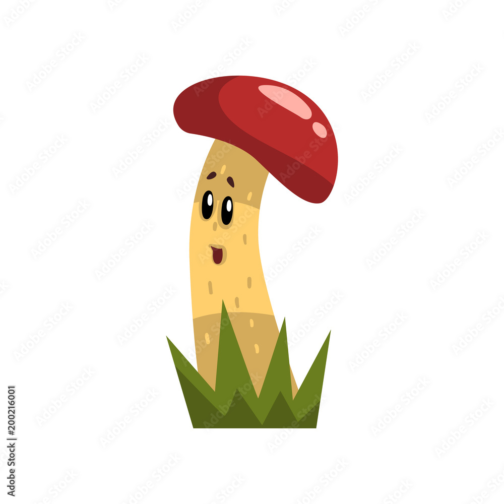Cute funny mushroom character with red cap and funny face vector  Illustration on a white background Stock Vector | Adobe Stock