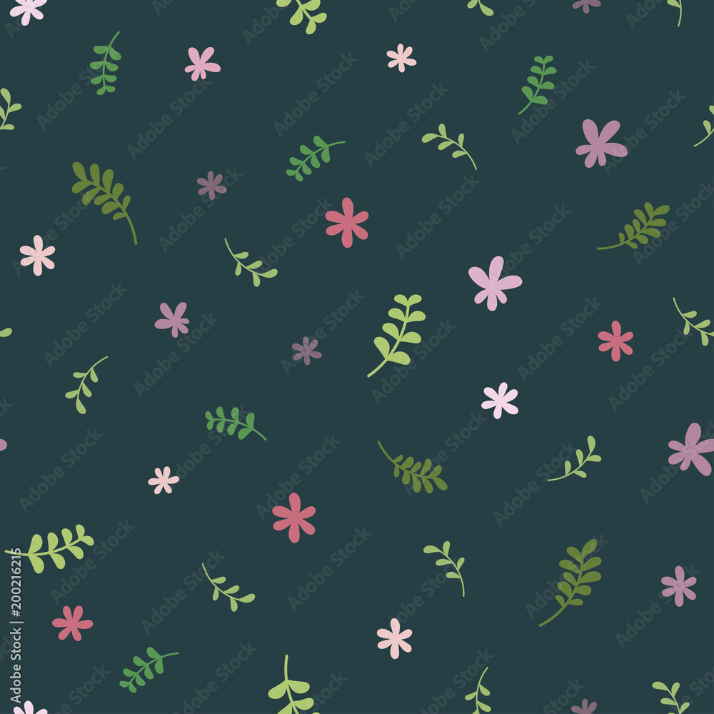 Seamless floral pattern with green blades of grass and pink flowers. Repeating texture