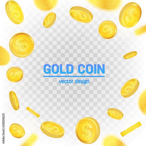 Creative vector illustration of 3d gold coins floating in different perspective. Isolated on transparent background. Dollar sign. Realistic money. Art design. Abstract concept graphic element.