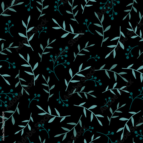Floral Seamless pattern texture with blue berries sprigs and leaves. black background. Vector illustration