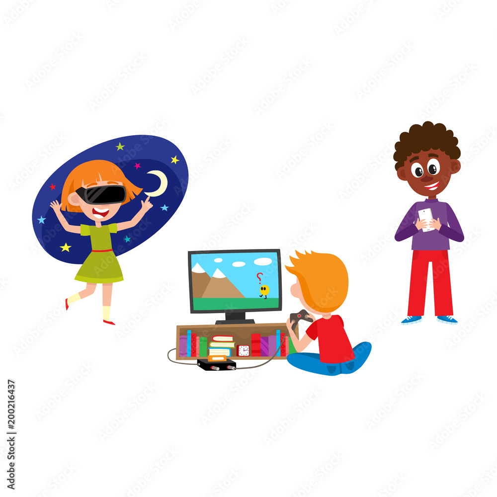 Kid with technology set - children with mobile phone, TV console game and  virtual reality headset isolated on white background. Cartoon characters  with hi-tech gadgets and devices, vector illustration Stock Vector |