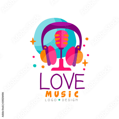 Creative vector emblem with headphones and retro microphone. Logo for music radio station, record studio or mobile app