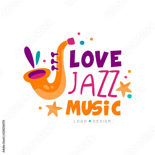 Abstract music logo with saxophone for jazz live concert. Creative vector design for invitation card, promo poster banner