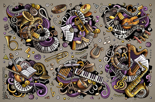 Colorful vector doodles cartoon set of classical musical instruments objects combinations