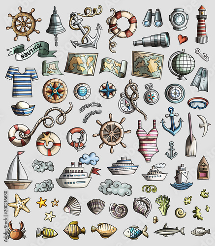 Vector set of Marine, Nautical cartoon 3d doodle objects photo