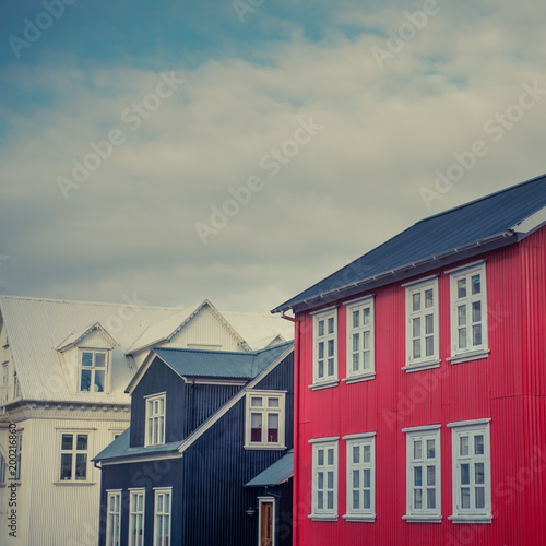 Traditional Corrugated Iron Clad Houses on a Street in Reykjavik, Iceland