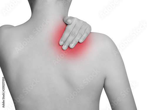 woman suffering from neck pain, shoulder pain. mono tone color highlight at neck and shoulder isolated on white background. health care and medical concept