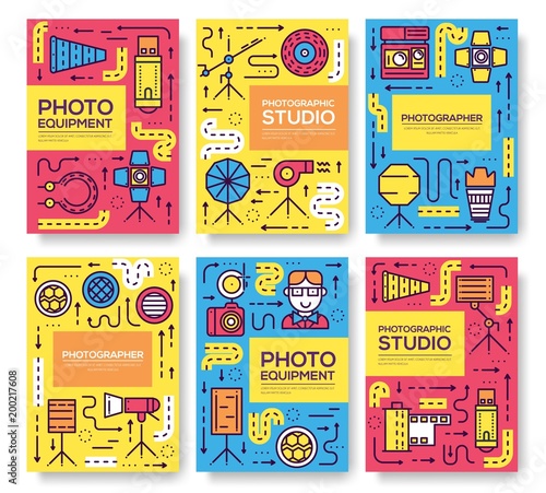 Thin line Equipment of the photographer brochure cards set. Photo studio items template of flyear, magazine, poster, book cover, banners.  Camera invitation concept background. Outline Layout page.
