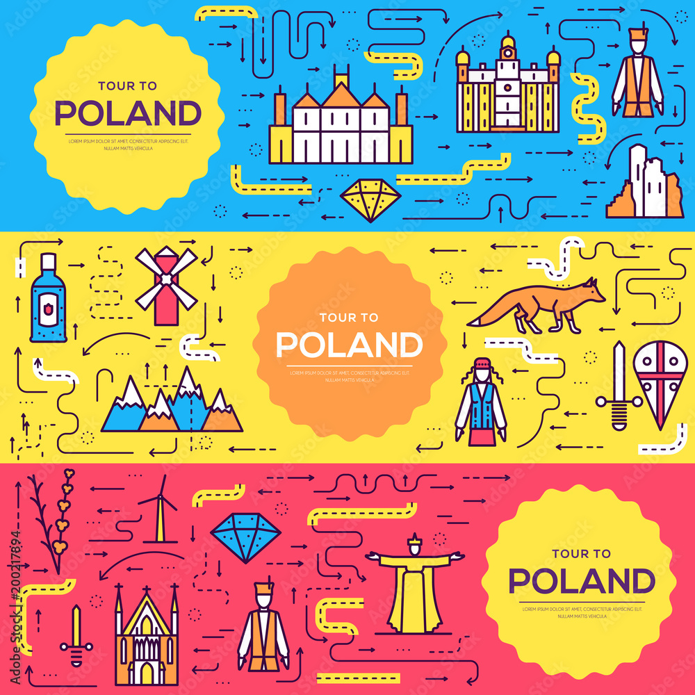 Fototapeta premium Poland vector brochure cards thin line set. Country travel template of flyear, magazines, posters, book cover, banners. Layout culture outline illustrations modern pages