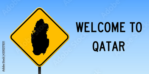 Qatar map on road sign. Wide poster with Qatar country map on yellow rhomb road sign. Vector illustration.