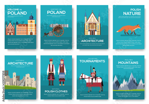 Poland vector brochure cards thin line set. Country travel template of flyear, magazines, posters, book cover, banners. Layout culture outline illustrations modern pages