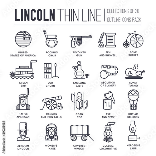 President Abraham Lincoln day with historical XIX (19) century elements thin line icon set. Vector people and traditional of USA object outline cover concept design. National culture traditions