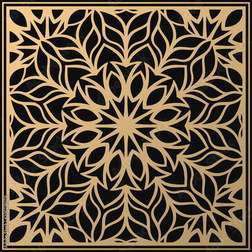 Vector golden ornament. Square vintage card for design. Premium background in luxury style. Floral tile. Suitable for laser cutting.